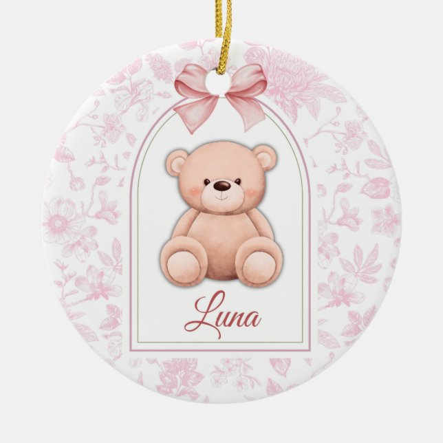 Luna | Custom Pink Teddy Bear Nursery Design  Ceramic Ornament (Front)