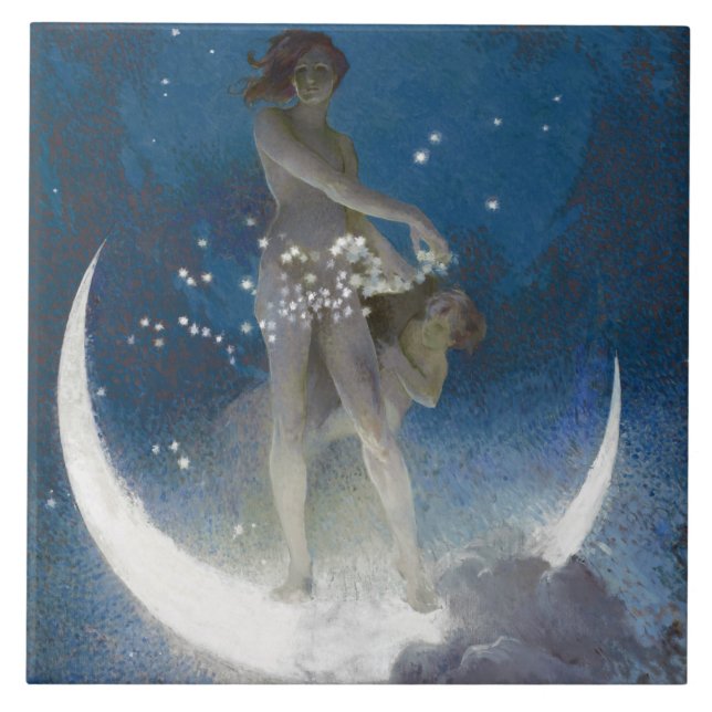 Luna Goddess at Night Scattering Stars Ceramic Tile (Front)