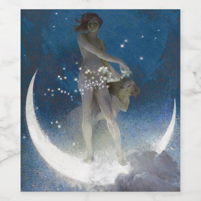 Luna Goddess at Night Scattering Stars Wine Label (Single Label)