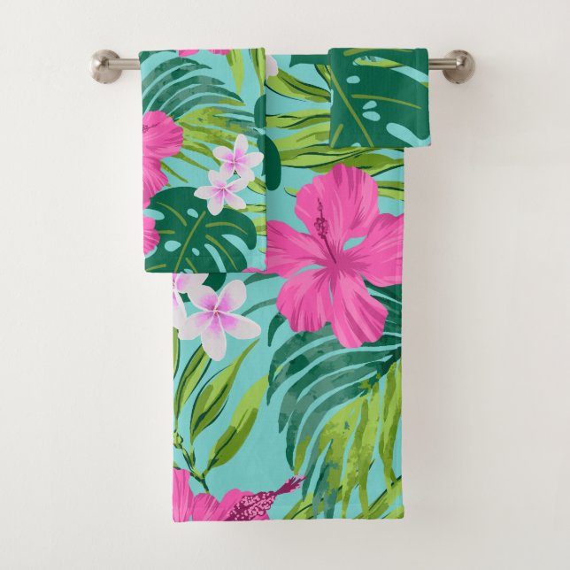 Luna Hibiscus Garden Hawaiian - Pink and Turq Bath Towel Set (Insitu)
