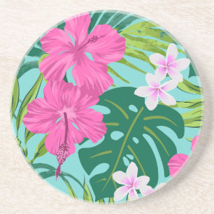 Luna Hibiscus Garden Hawaiian - Pink and Turq Coaster