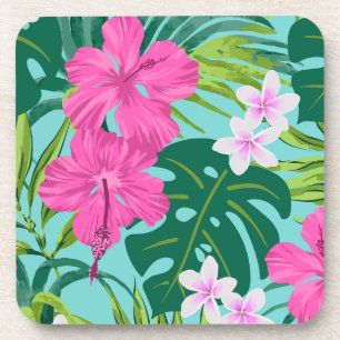 Luna Hibiscus Garden Hawaiian - Pink and Turq Coaster