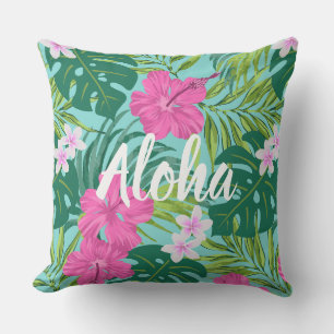Luna Hibiscus Garden Hawaiian - Pink and Turq Cushion