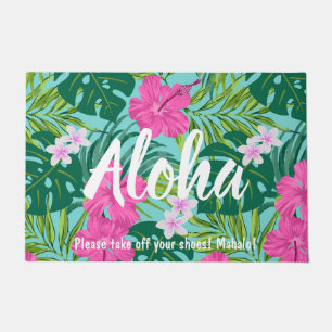 Luna Hibiscus Garden Hawaiian - Pink and Turq Doormat