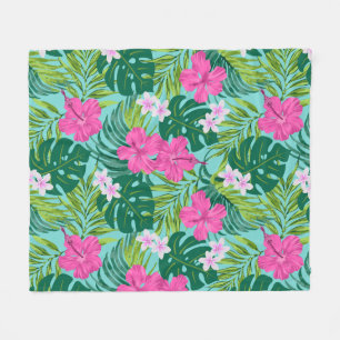 Luna Hibiscus Garden Hawaiian - Pink and Turq Fleece Blanket