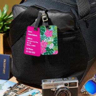 Luna Hibiscus Garden Hawaiian - Pink and Turq Luggage Tag