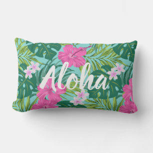 Luna Hibiscus Garden Hawaiian - Pink and Turq Lumbar Cushion