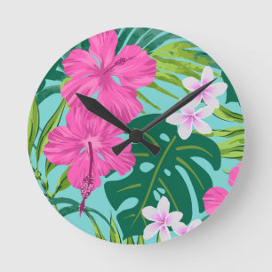Luna Hibiscus Garden Hawaiian - Pink and Turq Round Clock