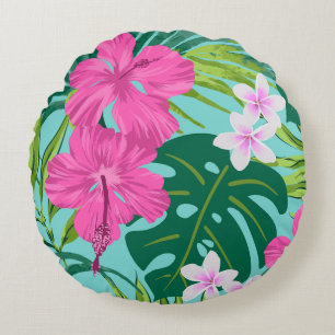 Luna Hibiscus Garden Hawaiian - Pink and Turq Round Cushion