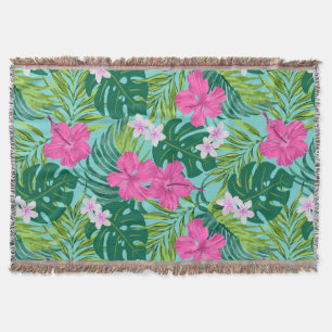 Luna Hibiscus Garden Hawaiian - Pink and Turq Throw Blanket