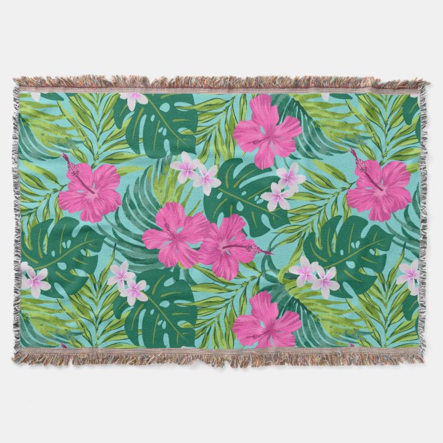Luna Hibiscus Garden Hawaiian - Pink and Turq Throw Blanket (Front)