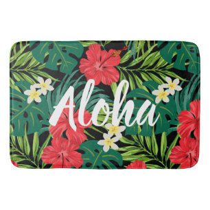Luna Hibiscus Garden Hawaiian - Red and Black Bath Mat