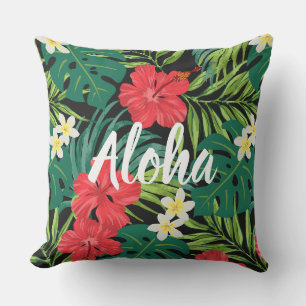 Luna Hibiscus Garden Hawaiian - Red and Black Cushion