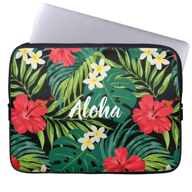 Luna Hibiscus Garden Hawaiian - Red and Black Laptop Sleeve (Front)