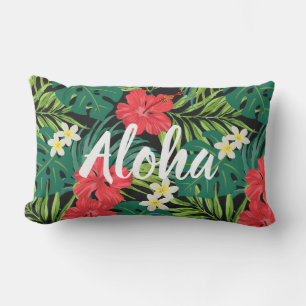 Luna Hibiscus Garden Hawaiian - Red and Black Lumbar Cushion