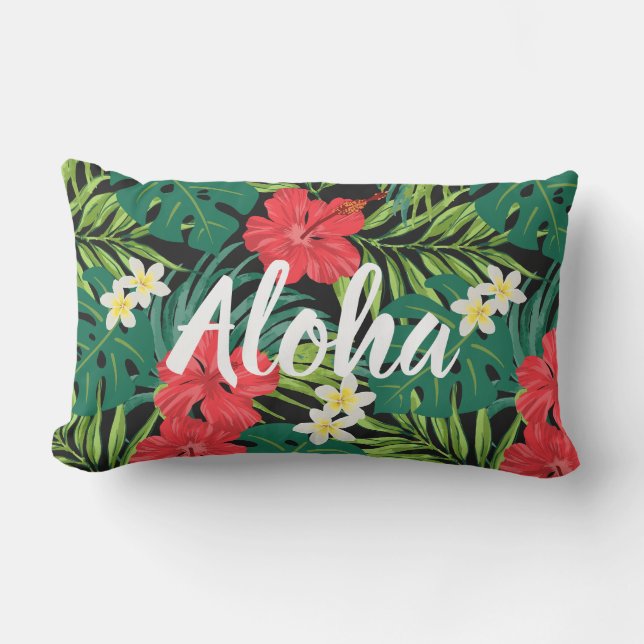Luna Hibiscus Garden Hawaiian - Red and Black Lumbar Cushion (Front)