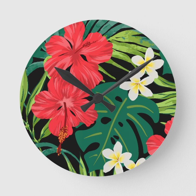 Luna Hibiscus Garden Hawaiian - Red and Black Round Clock (Front)