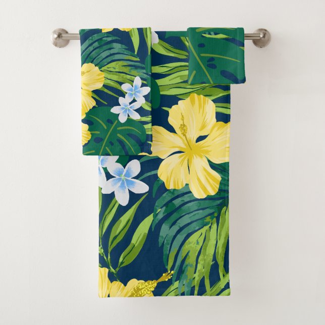 Luna Hibiscus Garden Hawaiian - Yellow and Navy Bath Towel Set (Insitu)