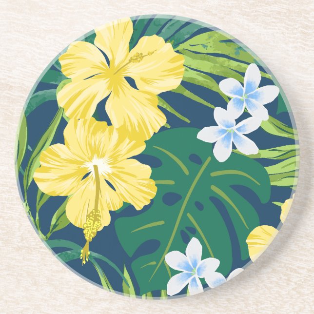 Luna Hibiscus Garden Hawaiian - Yellow and Navy Coaster (Front)