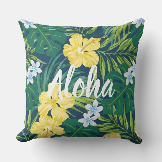 Luna Hibiscus Garden Hawaiian - Yellow and Navy Cushion (Front)