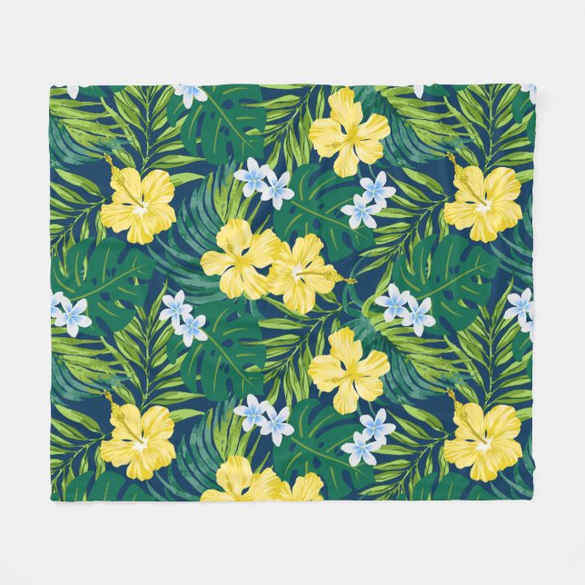 Luna Hibiscus Garden Hawaiian - Yellow and Navy Fleece Blanket (Front (Horizontal))