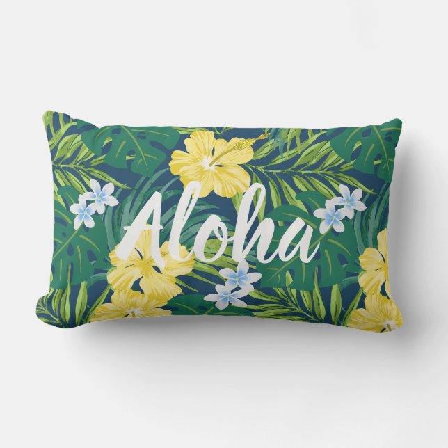 Luna Hibiscus Garden Hawaiian - Yellow and Navy Lumbar Cushion (Front)