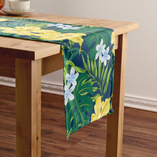 Luna Hibiscus Garden Hawaiian - Yellow and Navy Short Table Runner (In Situ)