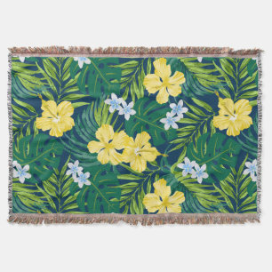 Luna Hibiscus Garden Hawaiian - Yellow and Navy Throw Blanket
