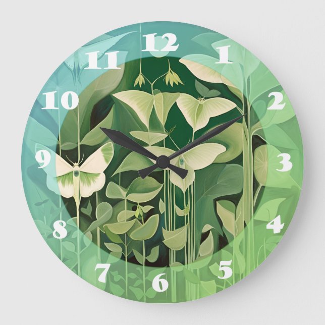 Luna Moth and flowers - Green and Cream Large Clock (Front)