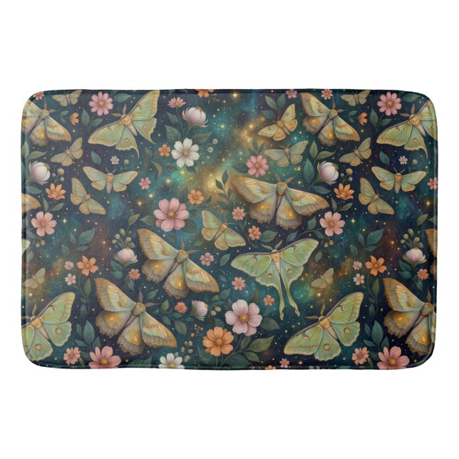 Luna Moth and Moon Phases, Starry Night Flowers Bath Mat (Front)