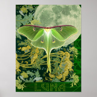Luna Moth and Moon Poster, Green Nature Collage Po Poster