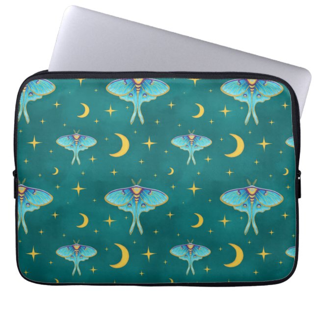 Luna Moth Celestial Moons & Stars Teal Laptop Sleeve (Front)