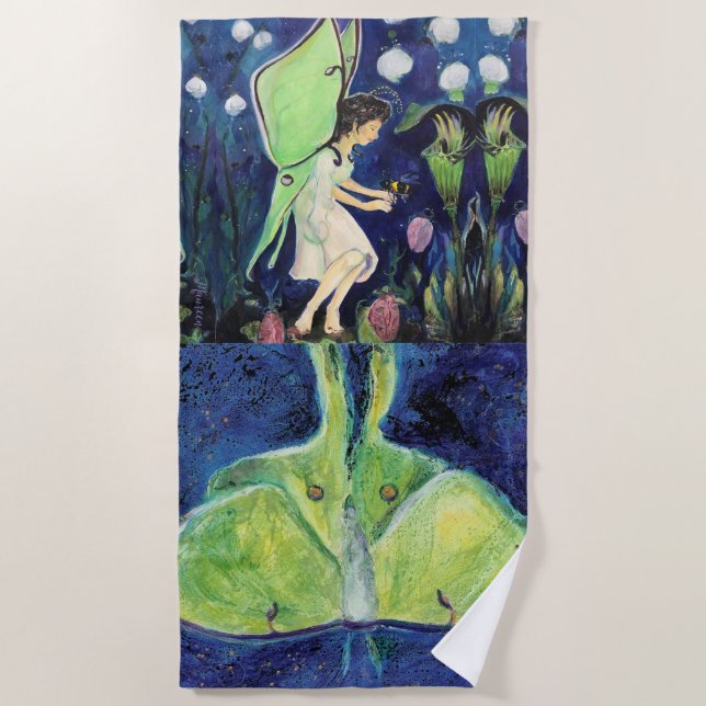 Luna Moth Fairy Wildflowers Bee Maureen Girard  Beach Towel (Front)