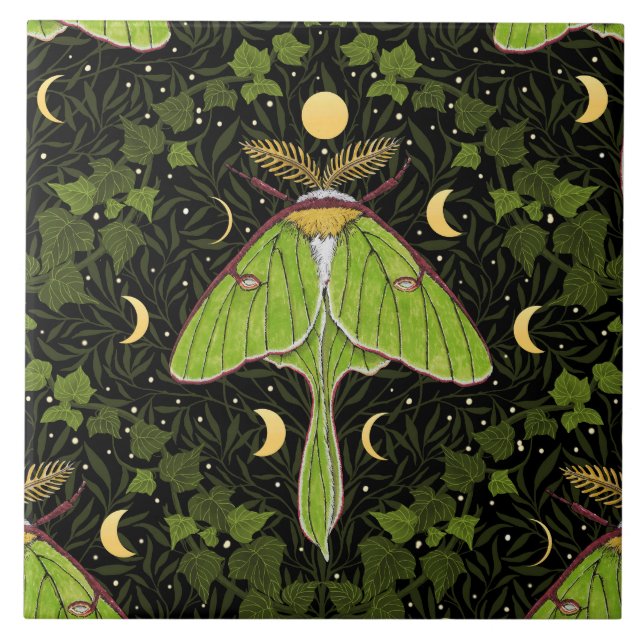 Luna moth, moon phases and ivy damask 2 ceramic tile (Front)