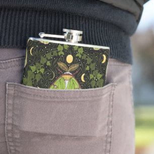 Luna moth, moon phases and ivy damask 2 hip flask