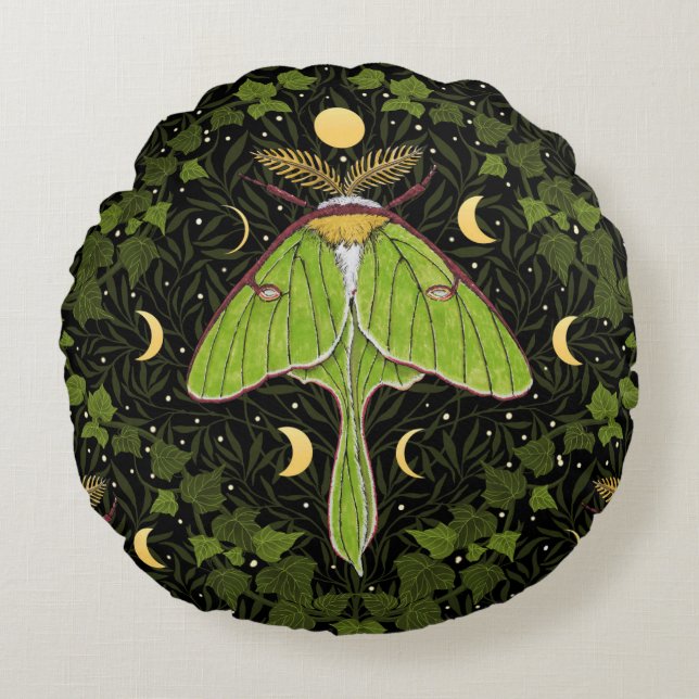 Luna moth, moon phases and ivy damask 2 round cushion (Front)