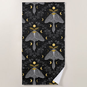 Luna moth, moon phases and ivy damask pattern beach towel