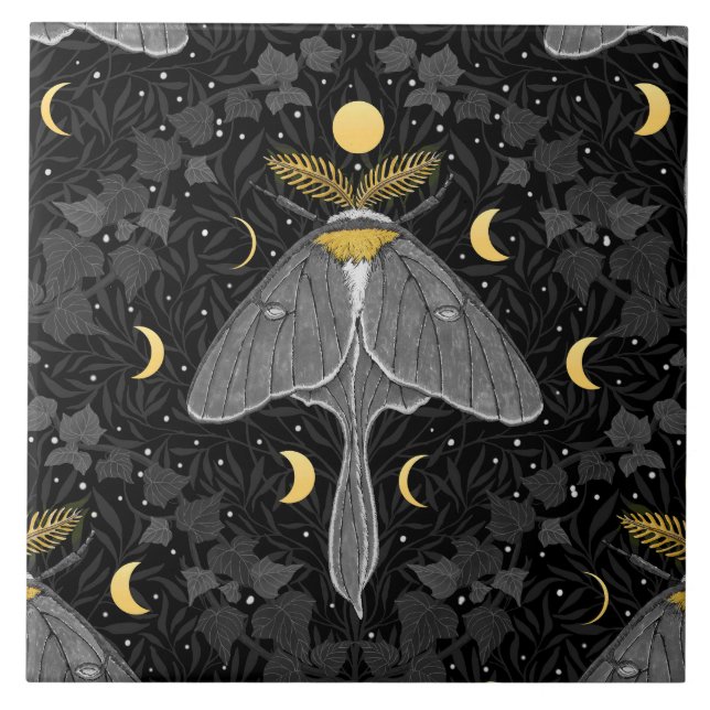 Luna moth, moon phases and ivy damask pattern ceramic tile (Front)