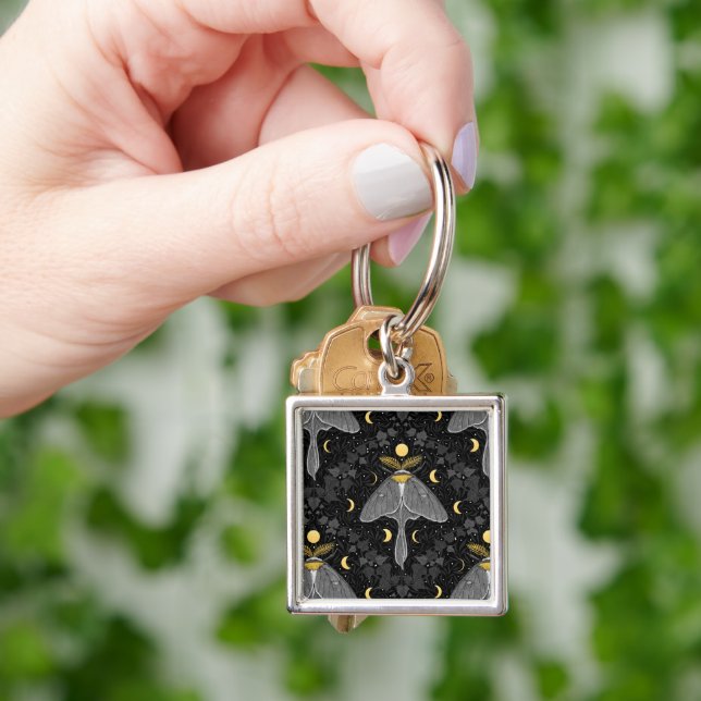 Luna moth, moon phases and ivy damask pattern key ring (Hand)