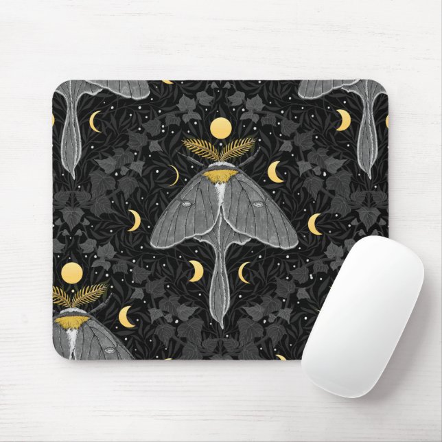 Luna moth, moon phases and ivy damask pattern mouse pad (With Mouse)