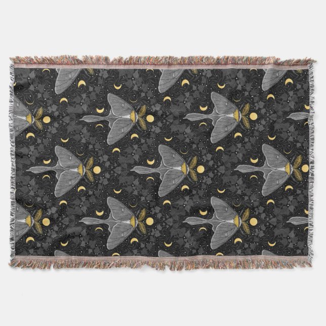 Luna moth, moon phases and ivy damask pattern throw blanket (Front)