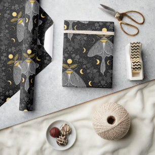 Luna moth, moon phases and ivy damask pattern wrapping paper
