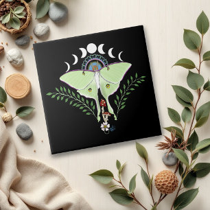 Luna Moth Moon Phases Black Ceramic Tile