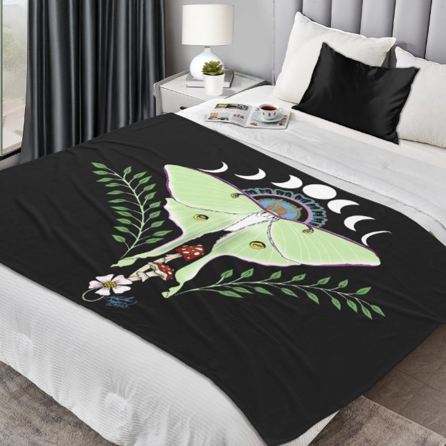Luna Moth Moon Phases Black Fleece Blanket (Creator Uploaded)