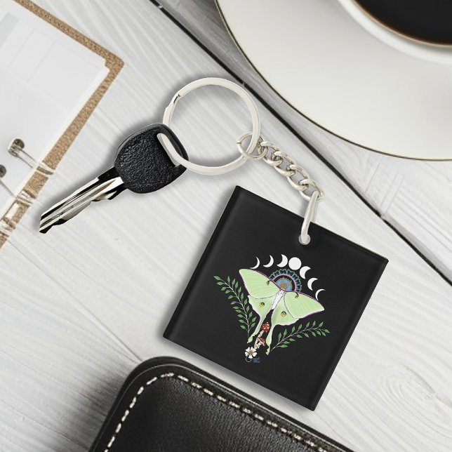 Luna Moth Moon Phases Black Key Ring (Creator Uploaded)