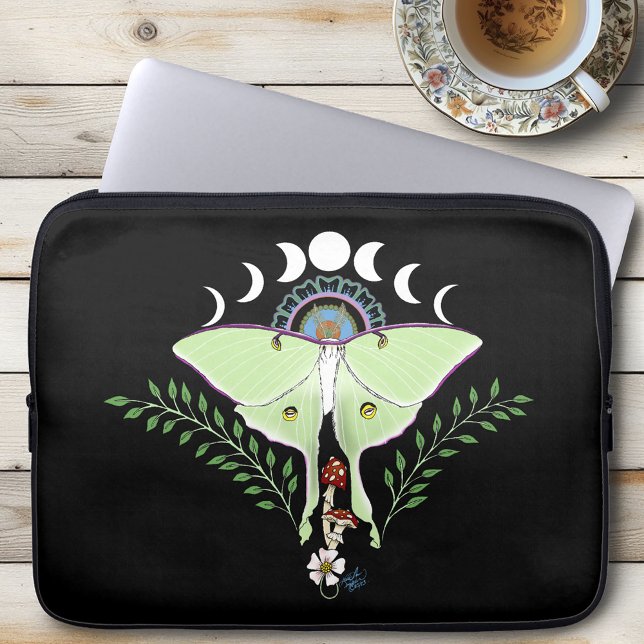 Luna Moth Moon Phases Black Laptop Sleeve (Creator Uploaded)