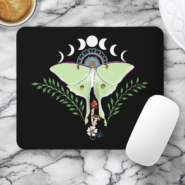 Luna Moth Moon Phases Black Mouse Pad (Creator Uploaded)