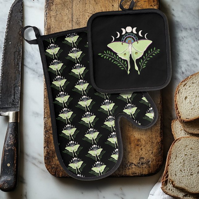 Luna Moth Moon Phases Black Oven Mitt & Pot Holder Set (Creator Uploaded)