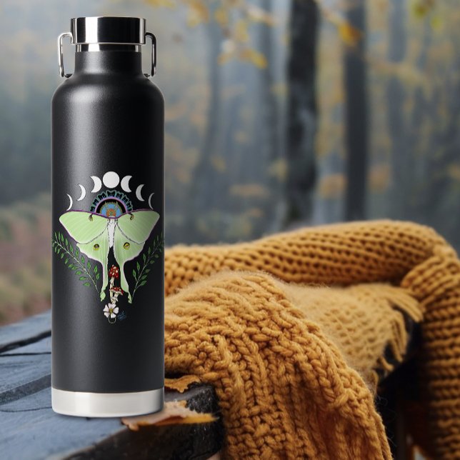 Luna Moth Moon Phases Black Water Bottle (Creator Uploaded)