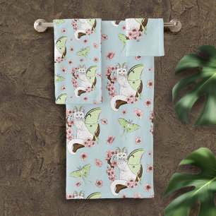 Luna Moth Moon White Cat Green Bath Towel Set